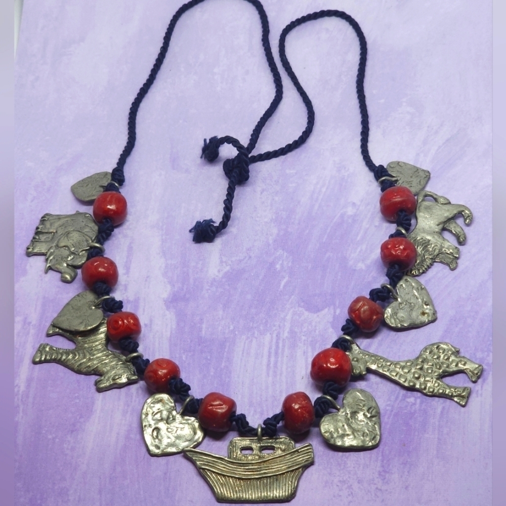 Noahs Ark Necklace Red Beads Navy Blue Cord Silver Tone Charms